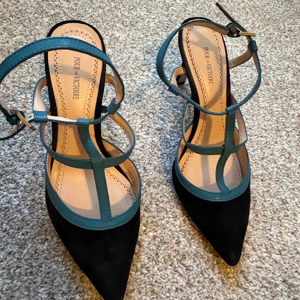 Pour La Victoire Black and Teal Strappy Heels